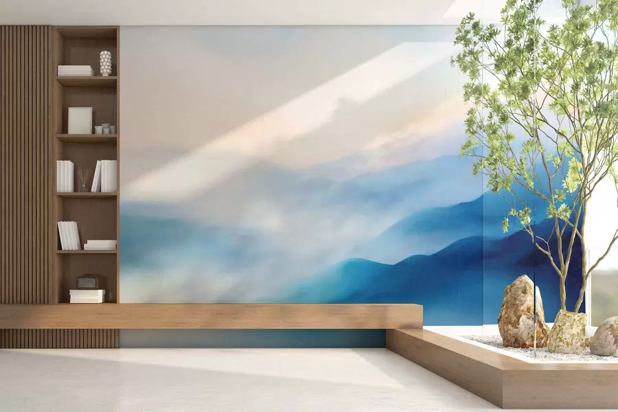 murais de parede Montanhas pintadas em aquarela em tons suaves de azul, com degradês etéreos e profundidade atmosférica w05605