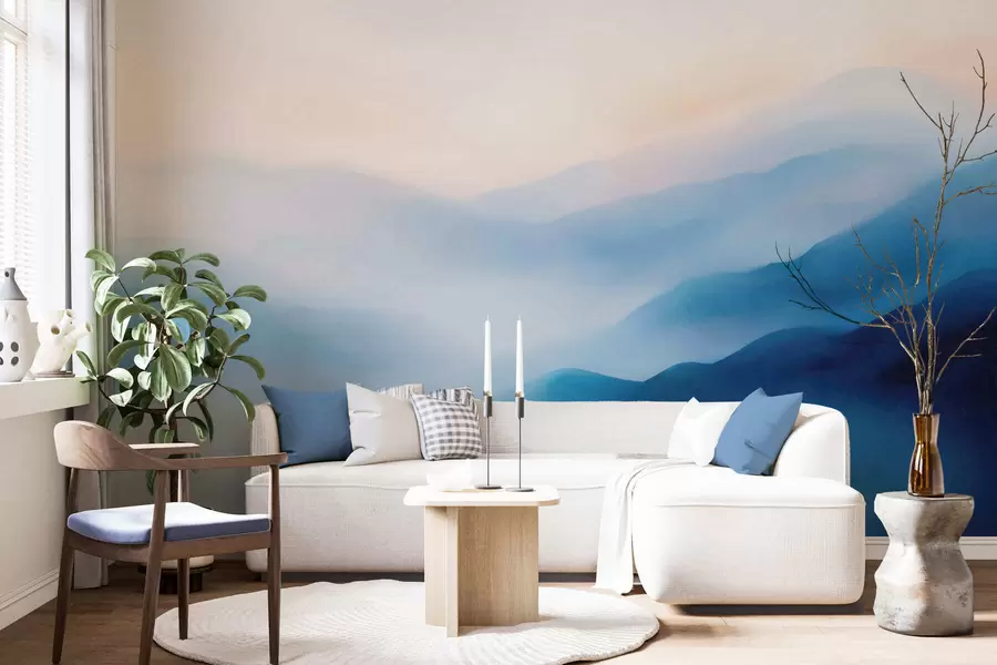 murais de parede Montanhas pintadas em aquarela em tons suaves de azul, com degradês etéreos e profundidade atmosférica w05605