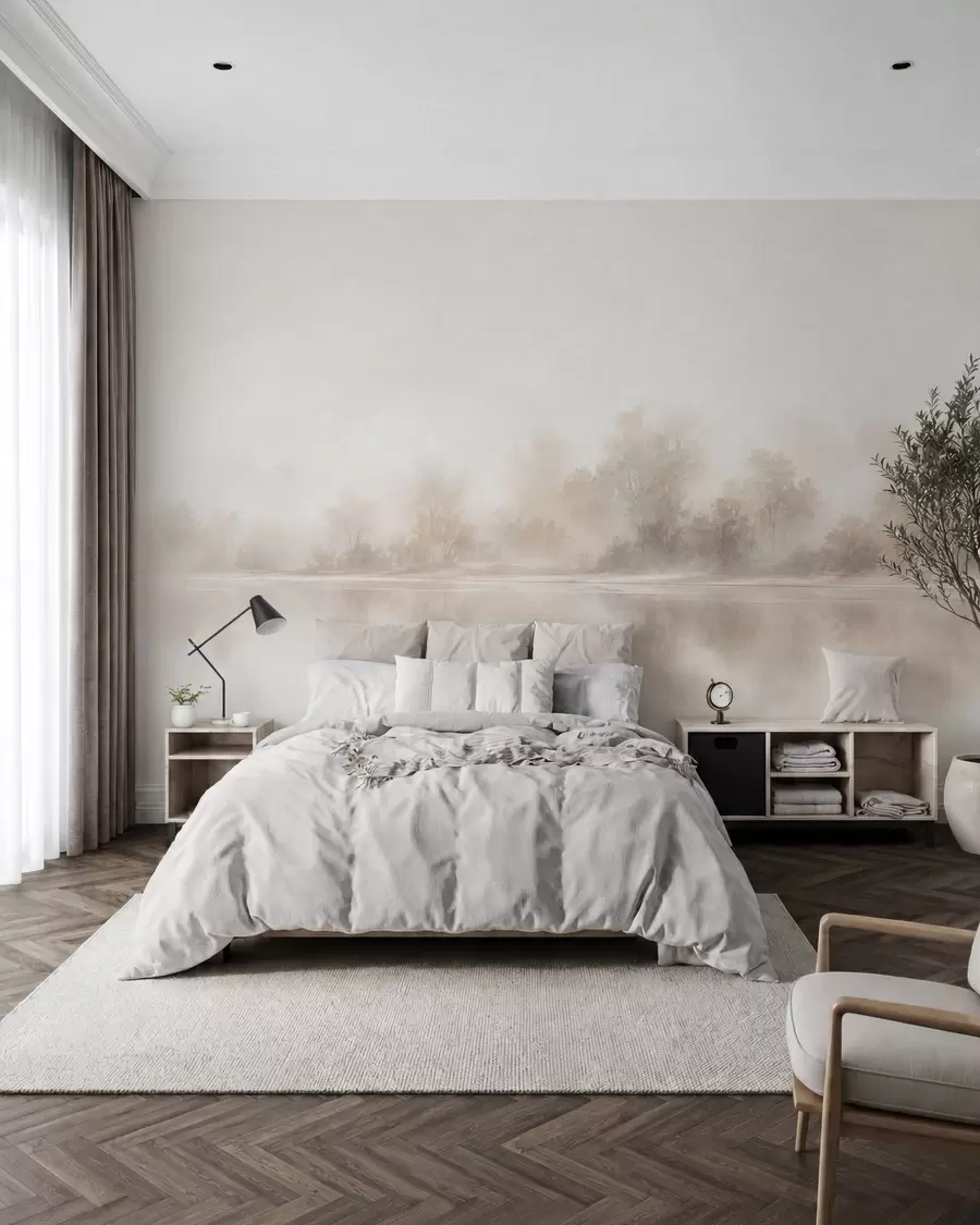 murais de parede Paisagem minimalista enevoada com reflexos delicados em tons neutros e quentes w05606