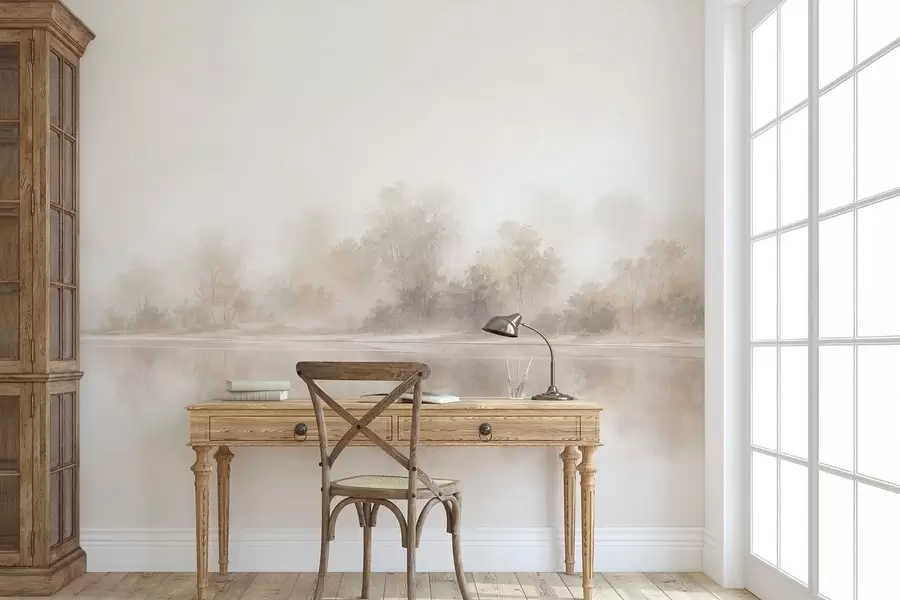 murais de parede Paisagem minimalista enevoada com reflexos delicados em tons neutros e quentes w05606