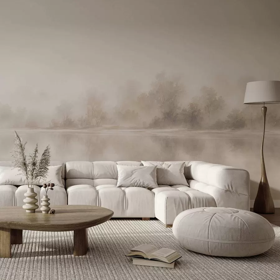 murais de parede Paisagem minimalista enevoada com reflexos delicados em tons neutros e quentes w05606