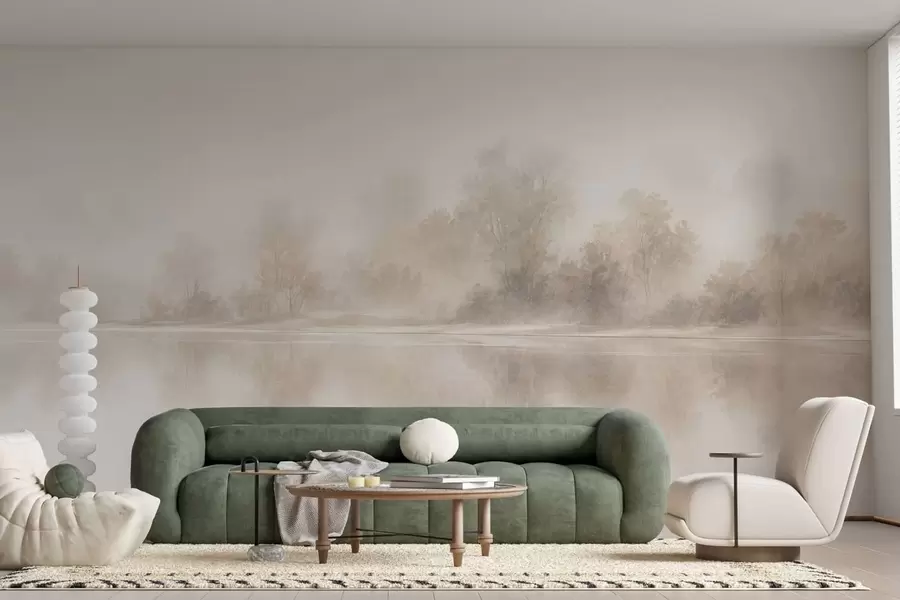 murais de parede Paisagem minimalista enevoada com reflexos delicados em tons neutros e quentes w05606