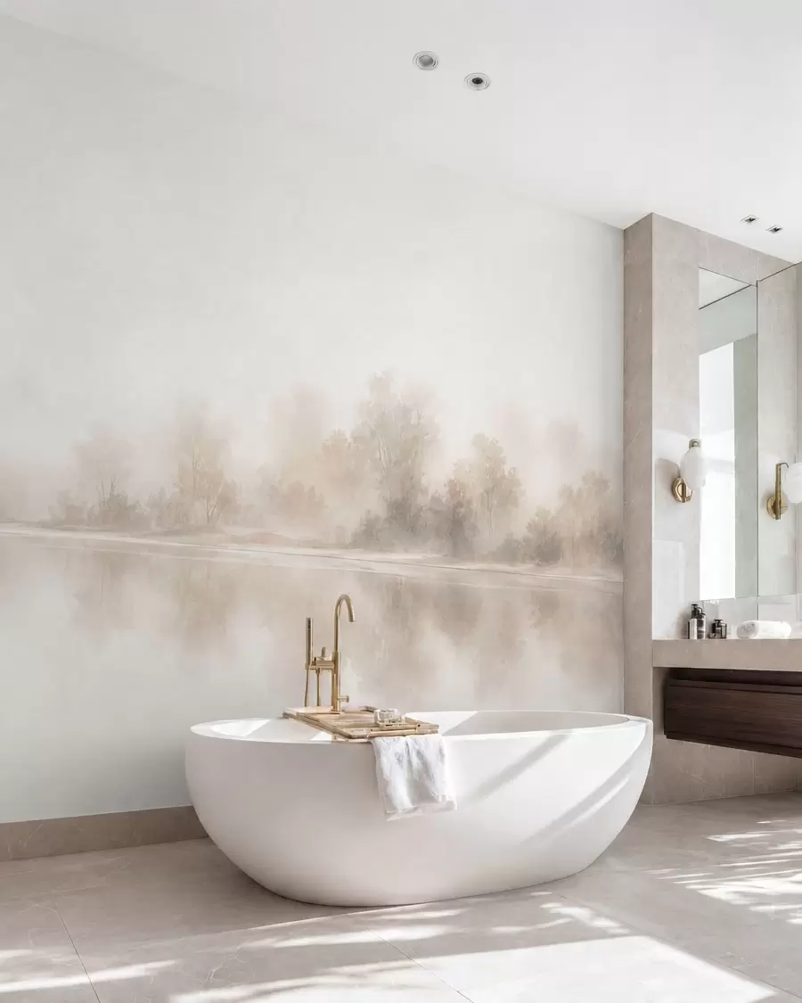 murais de parede Paisagem minimalista enevoada com reflexos delicados em tons neutros e quentes w05606