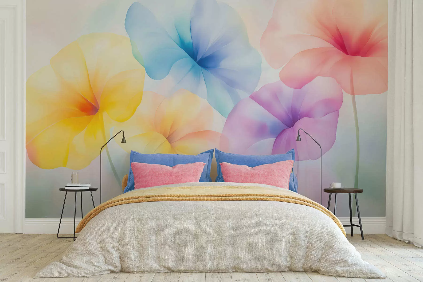 murais de parede Flores coloridas e translúcidas em tons suaves de pastel, com um efeito de aquarela encantador w05607