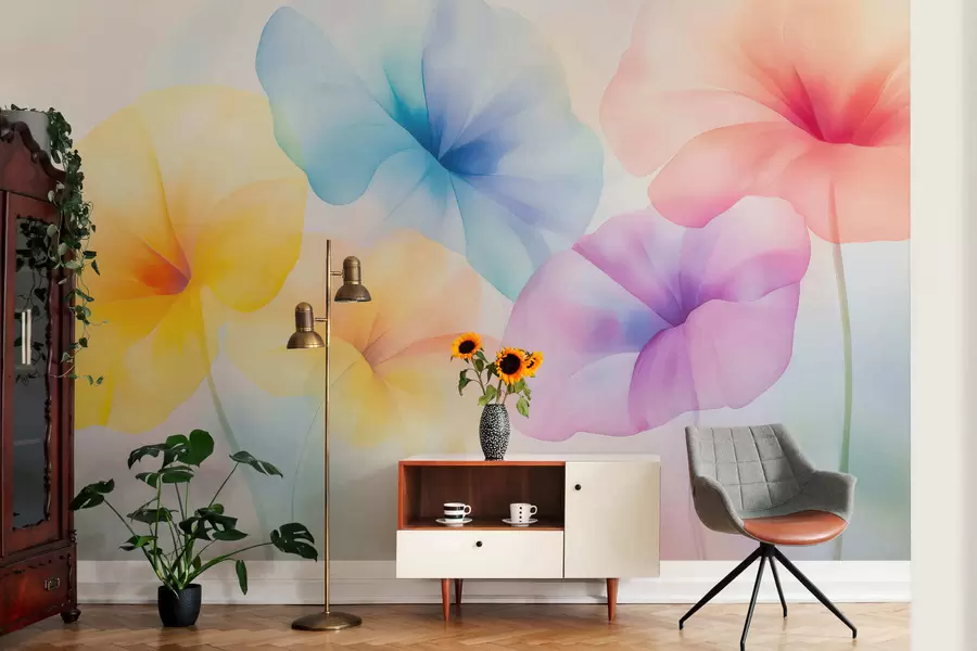 murais de parede Flores coloridas e translúcidas em tons suaves de pastel, com um efeito de aquarela encantador w05607