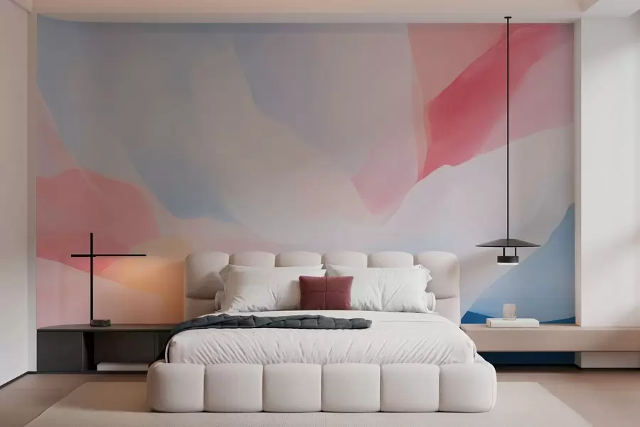 murais de parede Ondas abstratas em tons pastéis com suaves gradientes de rosa e azul em estilo aquarela w05609