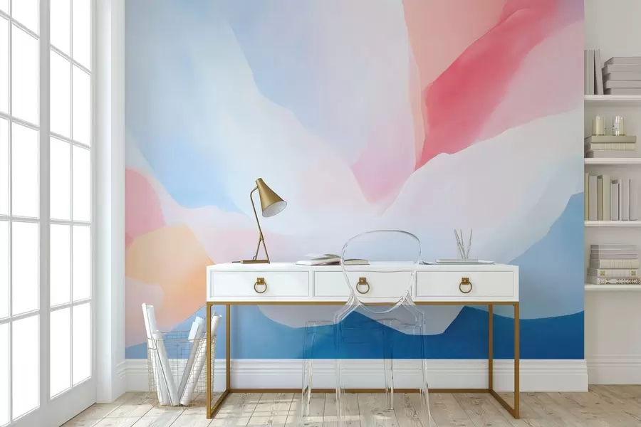murais de parede Ondas abstratas em tons pastéis com suaves gradientes de rosa e azul em estilo aquarela w05609