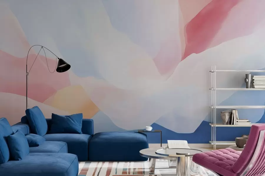 murais de parede Ondas abstratas em tons pastéis com suaves gradientes de rosa e azul em estilo aquarela w05609