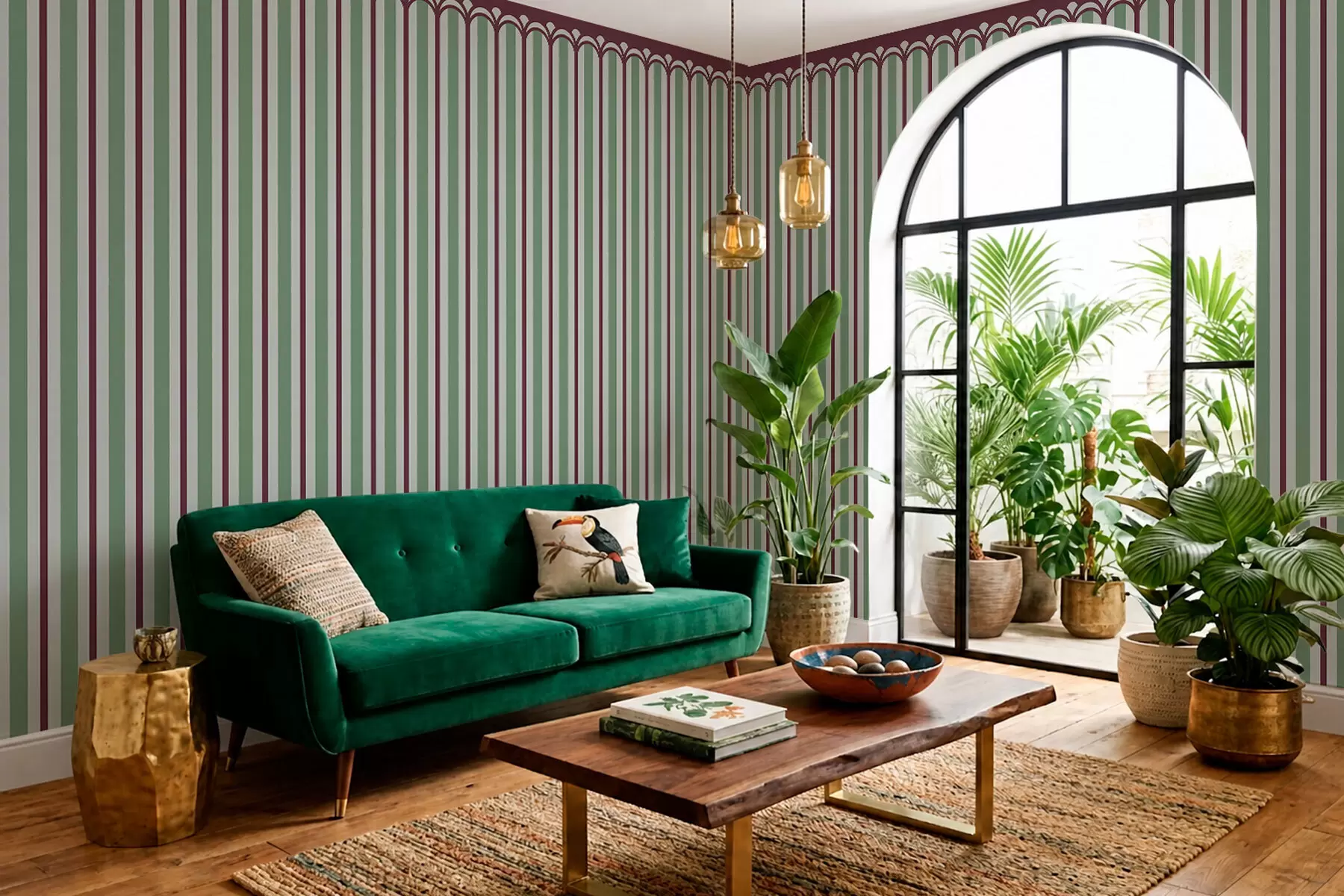 murais de parede Ornamento vertical em tons de verde e bordô w05610v3