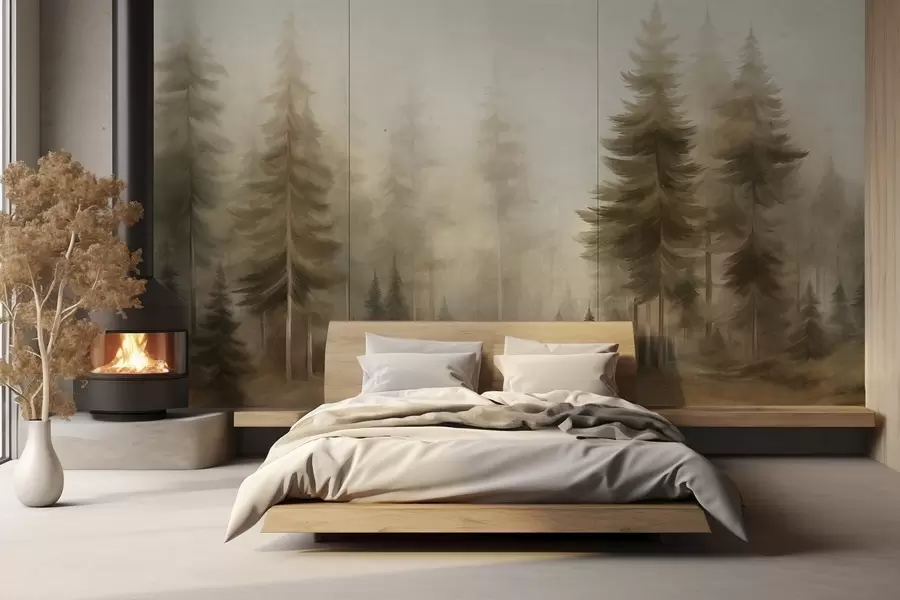murais de parede Uma floresta densa com pinheiros altos envolta em uma leve névoa, uma obra de arte paisagística cheia de textura w09830