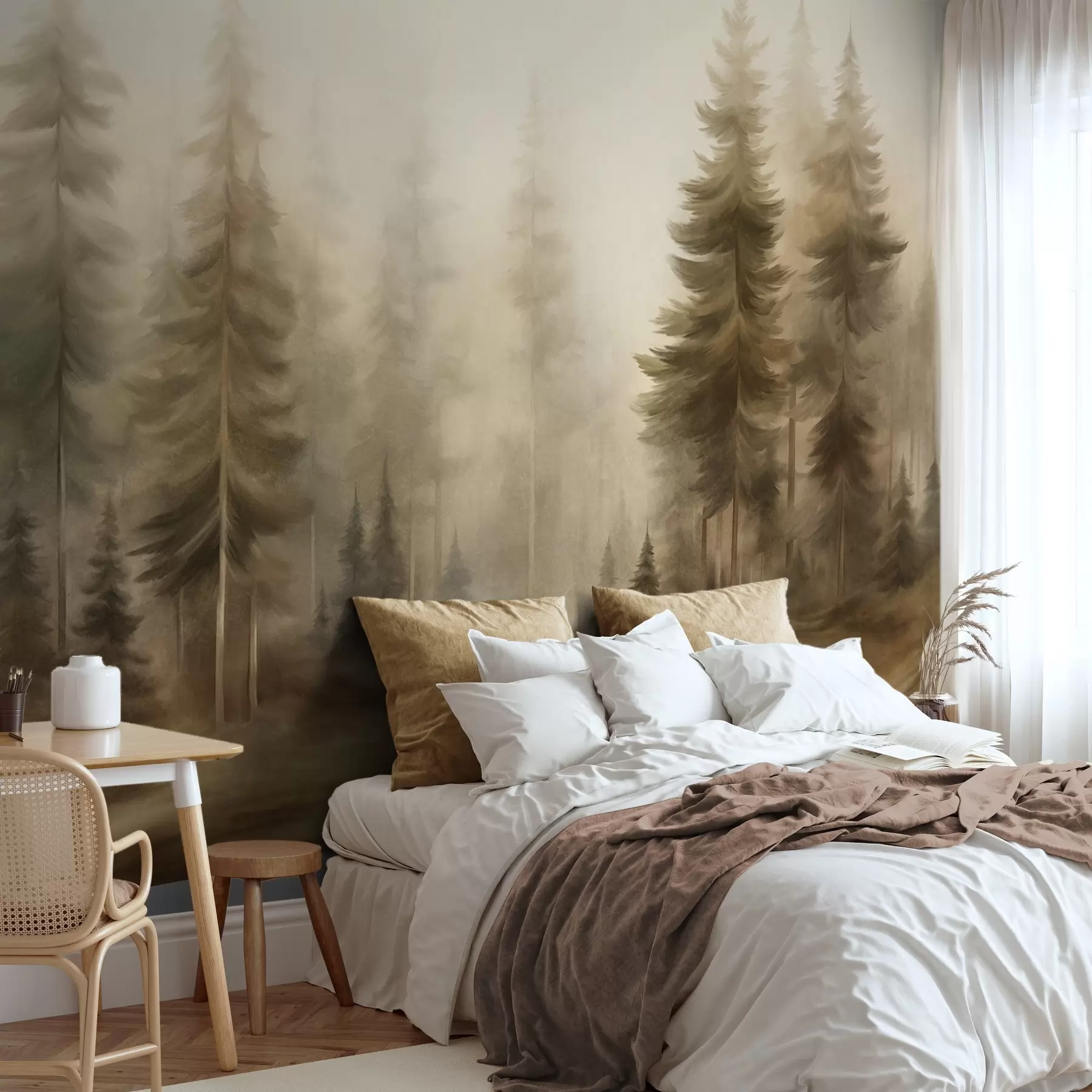 murais de parede Uma floresta densa com pinheiros altos envolta em uma leve névoa, uma obra de arte paisagística cheia de textura w09830