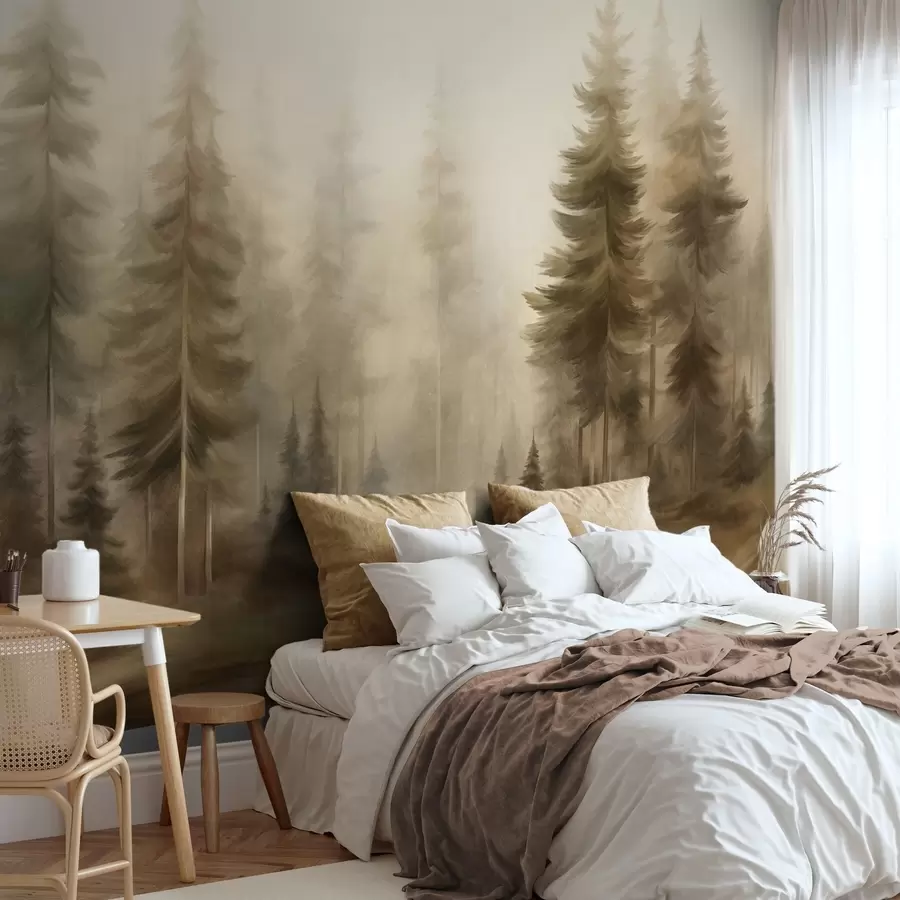murais de parede Uma floresta densa com pinheiros altos envolta em uma leve névoa, uma obra de arte paisagística cheia de textura w09830