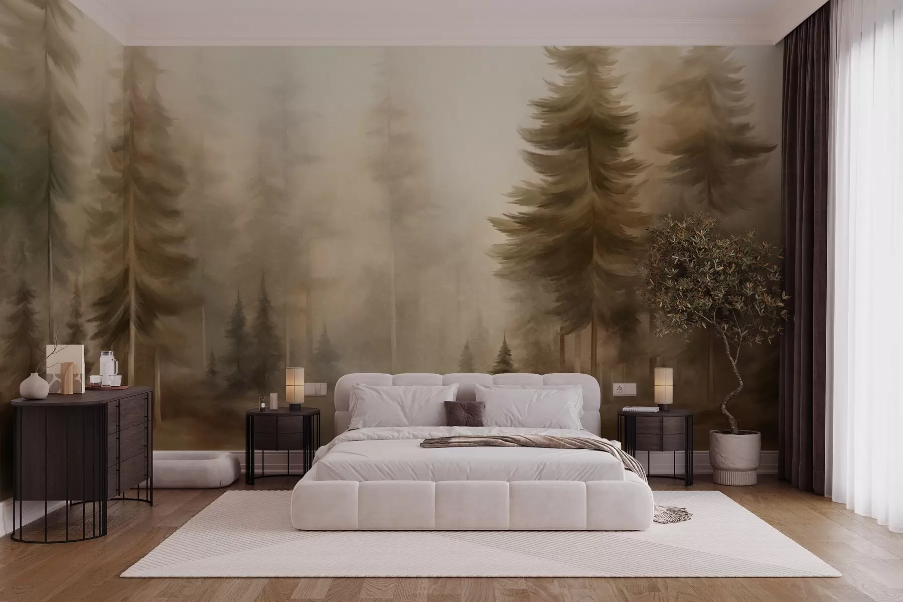 murais de parede Uma floresta densa com pinheiros altos envolta em uma leve névoa, uma obra de arte paisagística cheia de textura w09830
