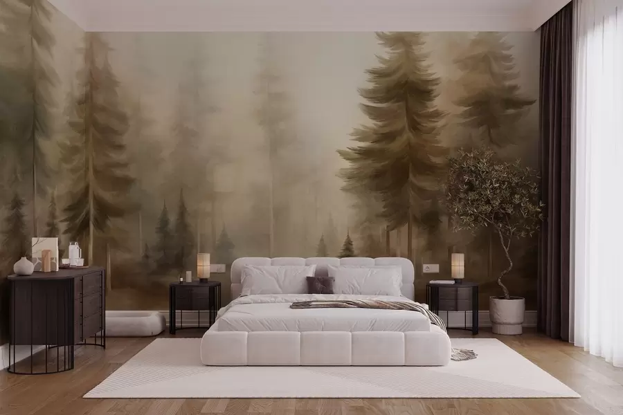 murais de parede Uma floresta densa com pinheiros altos envolta em uma leve névoa, uma obra de arte paisagística cheia de textura w09830