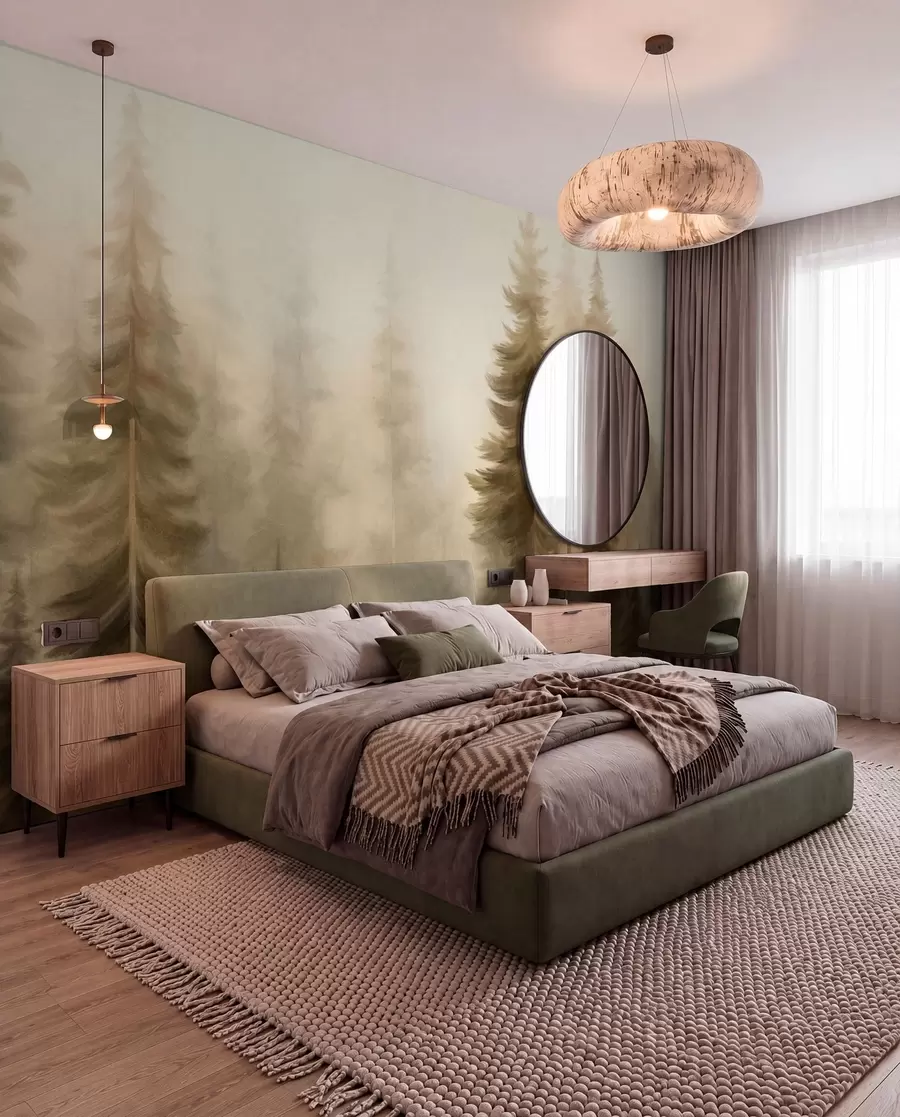 murais de parede Uma floresta densa com pinheiros altos envolta em uma leve névoa, uma obra de arte paisagística cheia de textura w09830