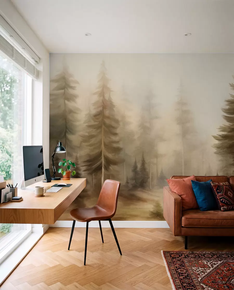 murais de parede Uma floresta densa com pinheiros altos envolta em uma leve névoa, uma obra de arte paisagística cheia de textura w09830