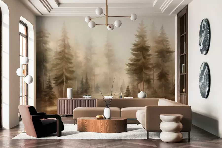 murais de parede Uma floresta densa com pinheiros altos envolta em uma leve névoa, uma obra de arte paisagística cheia de textura w09830