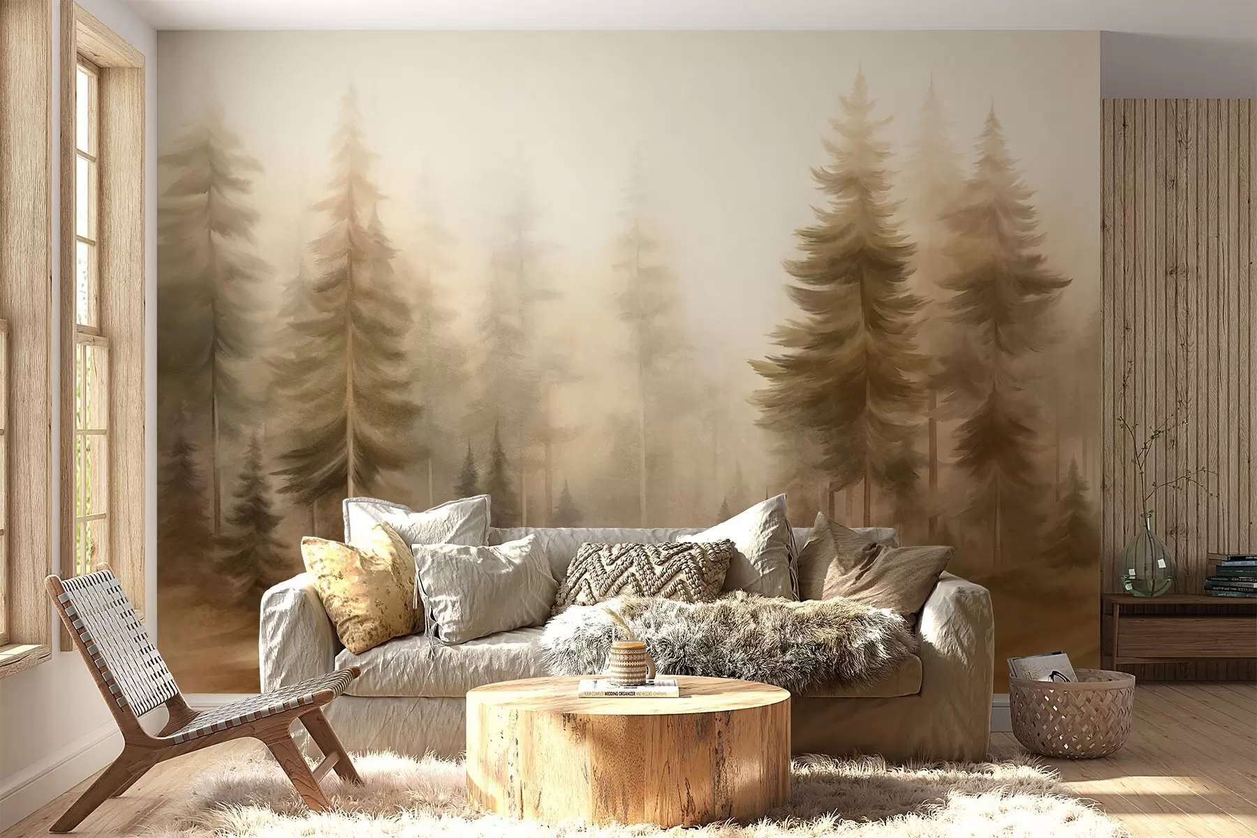 murais de parede Uma floresta densa com pinheiros altos envolta em uma leve névoa, uma obra de arte paisagística cheia de textura w09830