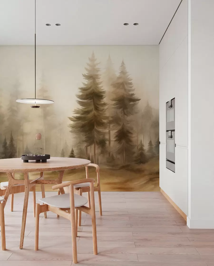 murais de parede Uma floresta densa com pinheiros altos envolta em uma leve névoa, uma obra de arte paisagística cheia de textura w09830