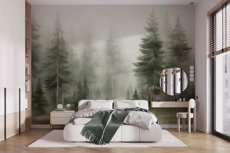murais de parede Uma densa floresta com altos pinheiros envolta em uma leve névoa, uma obra de arte paisagística cheia de textura w09830v1