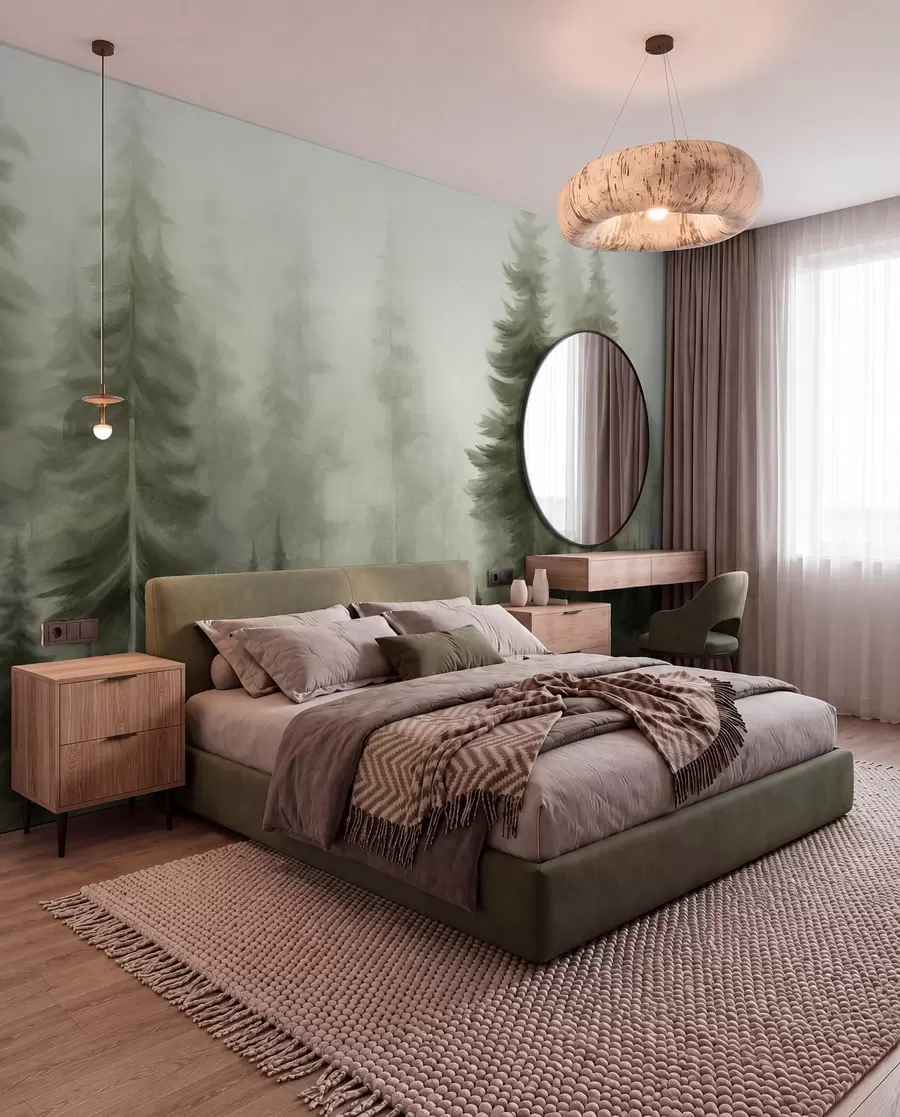 murais de parede Uma densa floresta com altos pinheiros envolta em uma leve névoa, uma obra de arte paisagística cheia de textura w09830v1