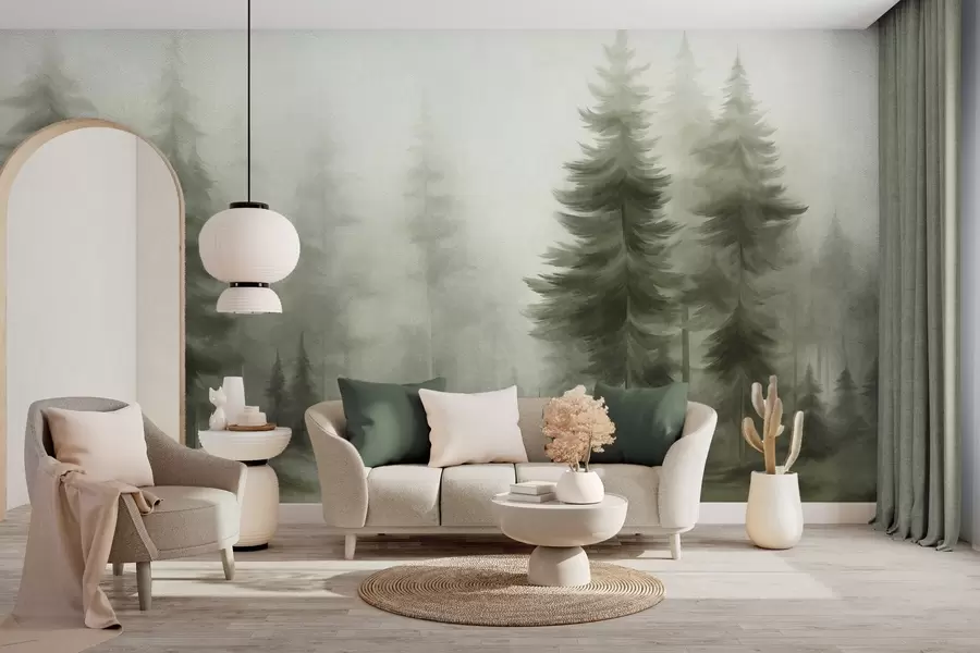 murais de parede Uma densa floresta com altos pinheiros envolta em uma leve névoa, uma obra de arte paisagística cheia de textura w09830v1