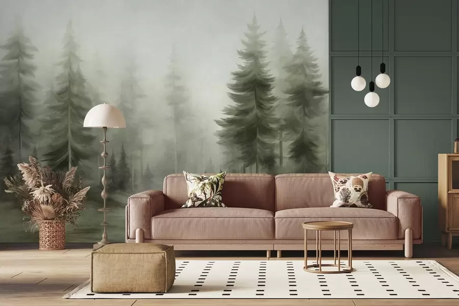 murais de parede Uma densa floresta com altos pinheiros envolta em uma leve névoa, uma obra de arte paisagística cheia de textura w09830v1
