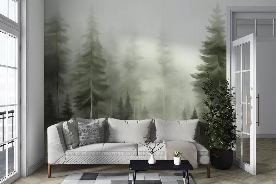 murais de parede Uma densa floresta com altos pinheiros envolta em uma leve névoa, uma obra de arte paisagística cheia de textura w09830v1