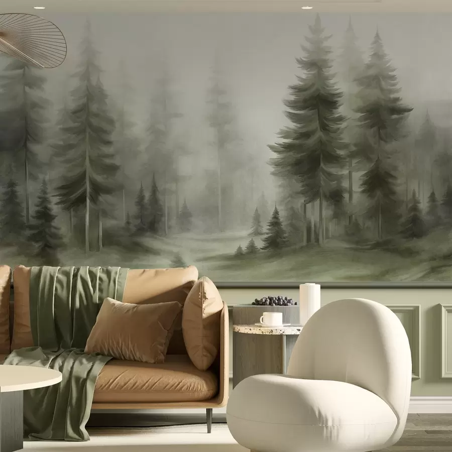 murais de parede Uma densa floresta com altos pinheiros envolta em uma leve névoa, uma obra de arte paisagística cheia de textura w09830v1