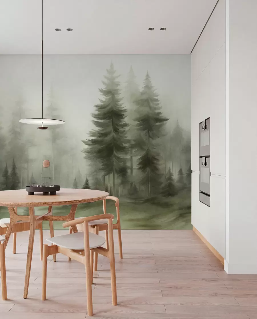 murais de parede Uma densa floresta com altos pinheiros envolta em uma leve névoa, uma obra de arte paisagística cheia de textura w09830v1