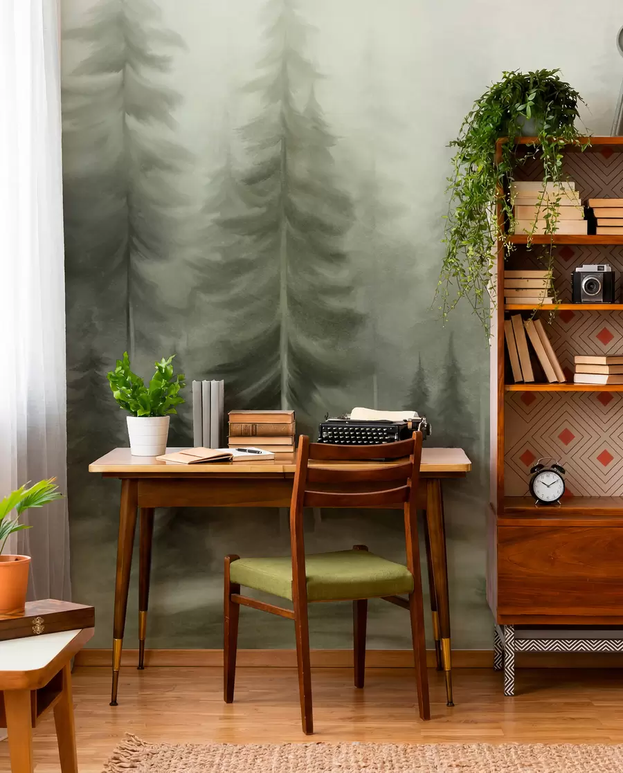 murais de parede Uma densa floresta com altos pinheiros envolta em uma leve névoa, uma obra de arte paisagística cheia de textura w09830v1