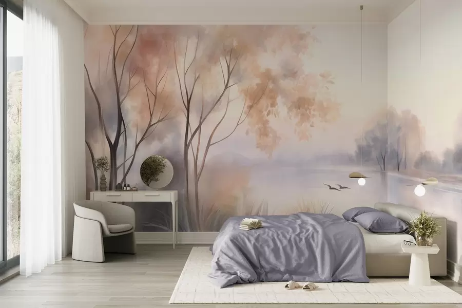 murais de parede Paisagem: um lago enevoado com árvores e juncos, pássaros voando, em estilo de pintura em aquarela com textura w09866