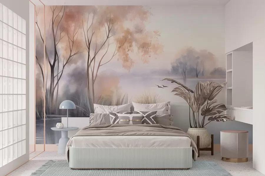 murais de parede Paisagem: um lago enevoado com árvores e juncos, pássaros voando, em estilo de pintura em aquarela com textura w09866