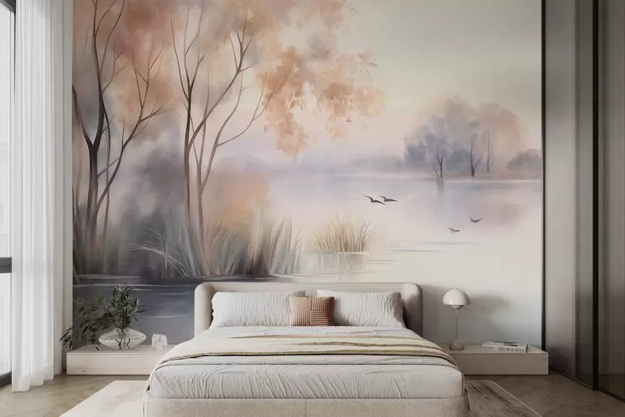 murais de parede Paisagem: um lago enevoado com árvores e juncos, pássaros voando, em estilo de pintura em aquarela com textura w09866