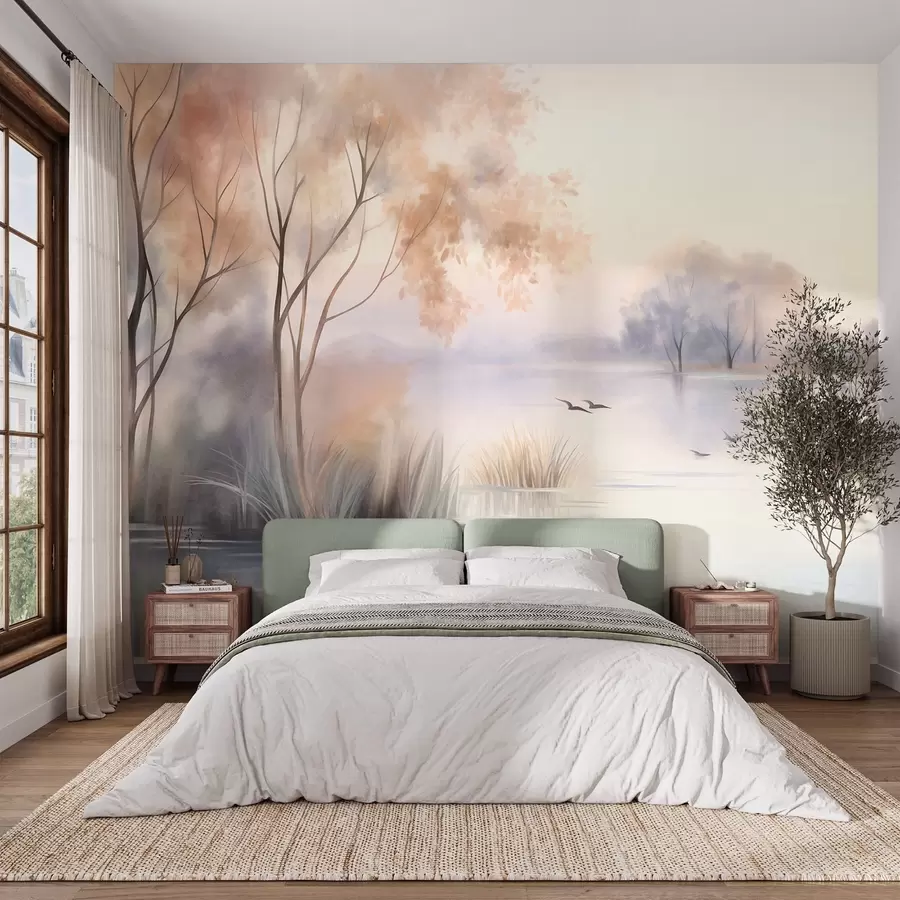murais de parede Paisagem: um lago enevoado com árvores e juncos, pássaros voando, em estilo de pintura em aquarela com textura w09866