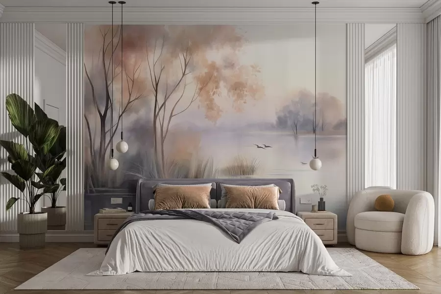 murais de parede Paisagem: um lago enevoado com árvores e juncos, pássaros voando, em estilo de pintura em aquarela com textura w09866
