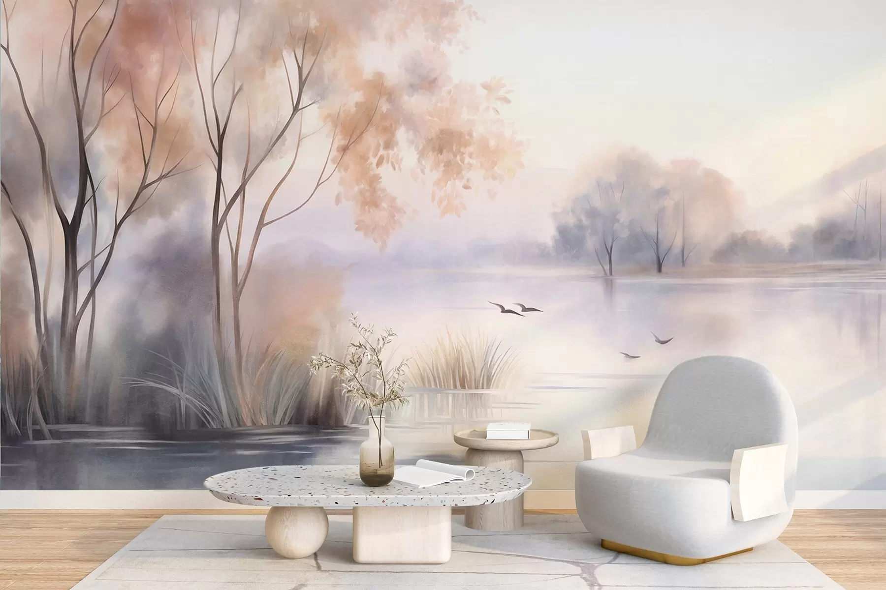 murais de parede Paisagem: um lago enevoado com árvores e juncos, pássaros voando, em estilo de pintura em aquarela com textura w09866