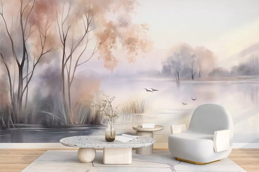 murais de parede Paisagem: um lago enevoado com árvores e juncos, pássaros voando, em estilo de pintura em aquarela com textura w09866