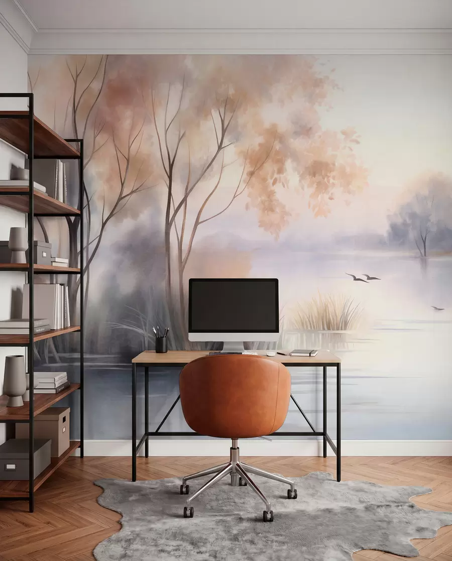 murais de parede Paisagem: um lago enevoado com árvores e juncos, pássaros voando, em estilo de pintura em aquarela com textura w09866