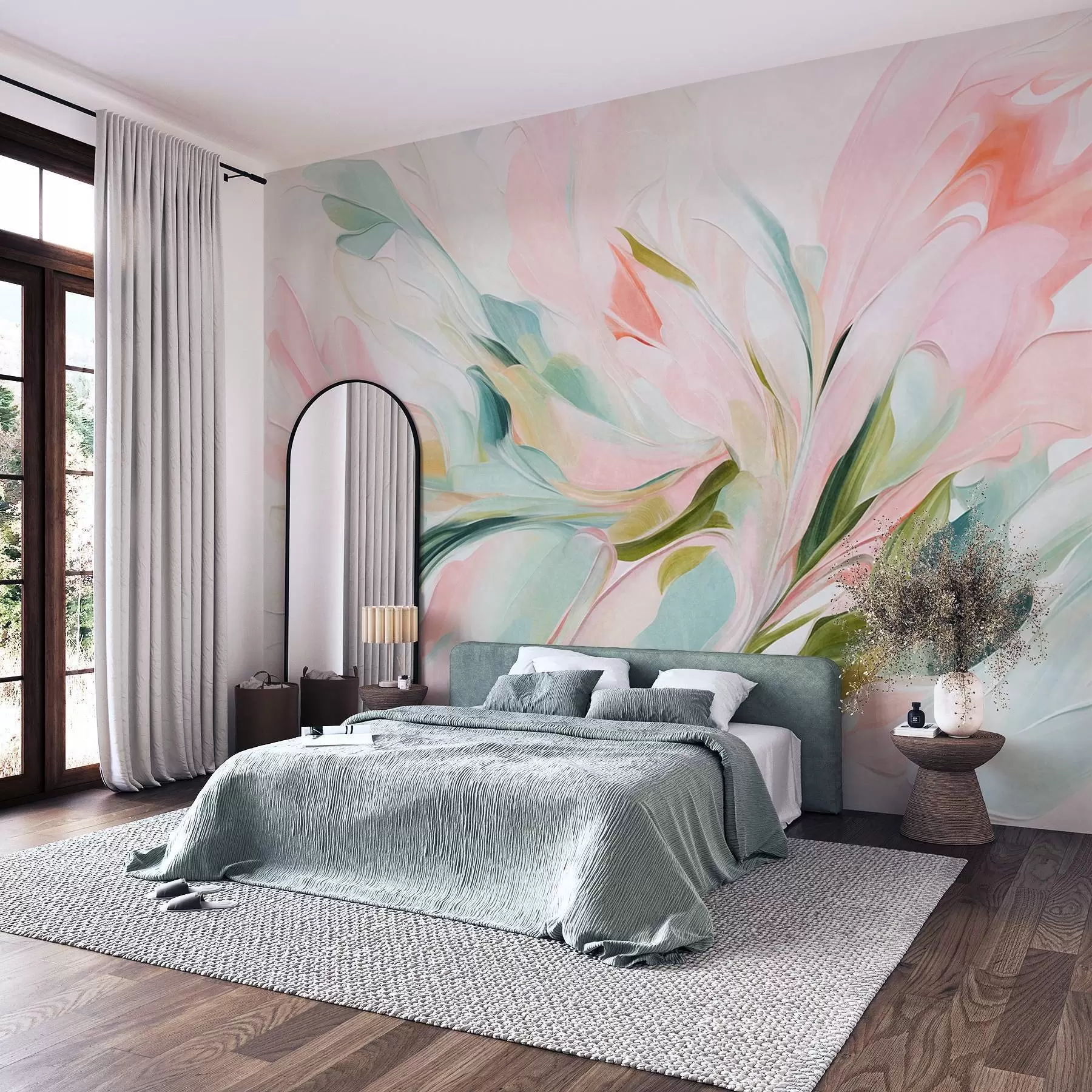 murais de parede Pintura floral abstrata com pinceladas suaves em tons pastéis sobre um fundo claro w09871