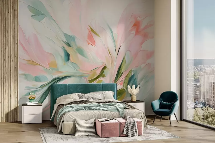 murais de parede Pintura floral abstrata com pinceladas suaves em tons pastéis sobre um fundo claro w09871