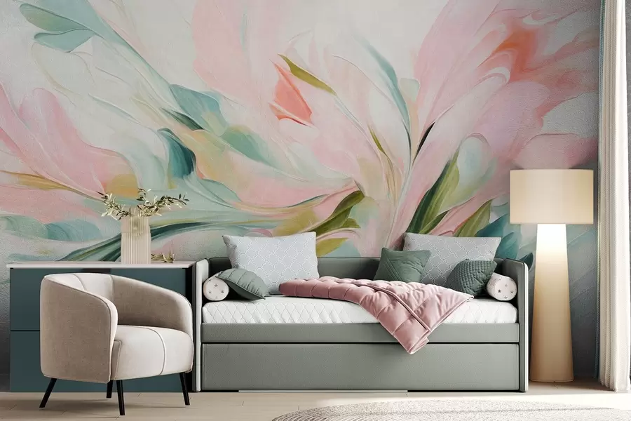 murais de parede Pintura floral abstrata com pinceladas suaves em tons pastéis sobre um fundo claro w09871