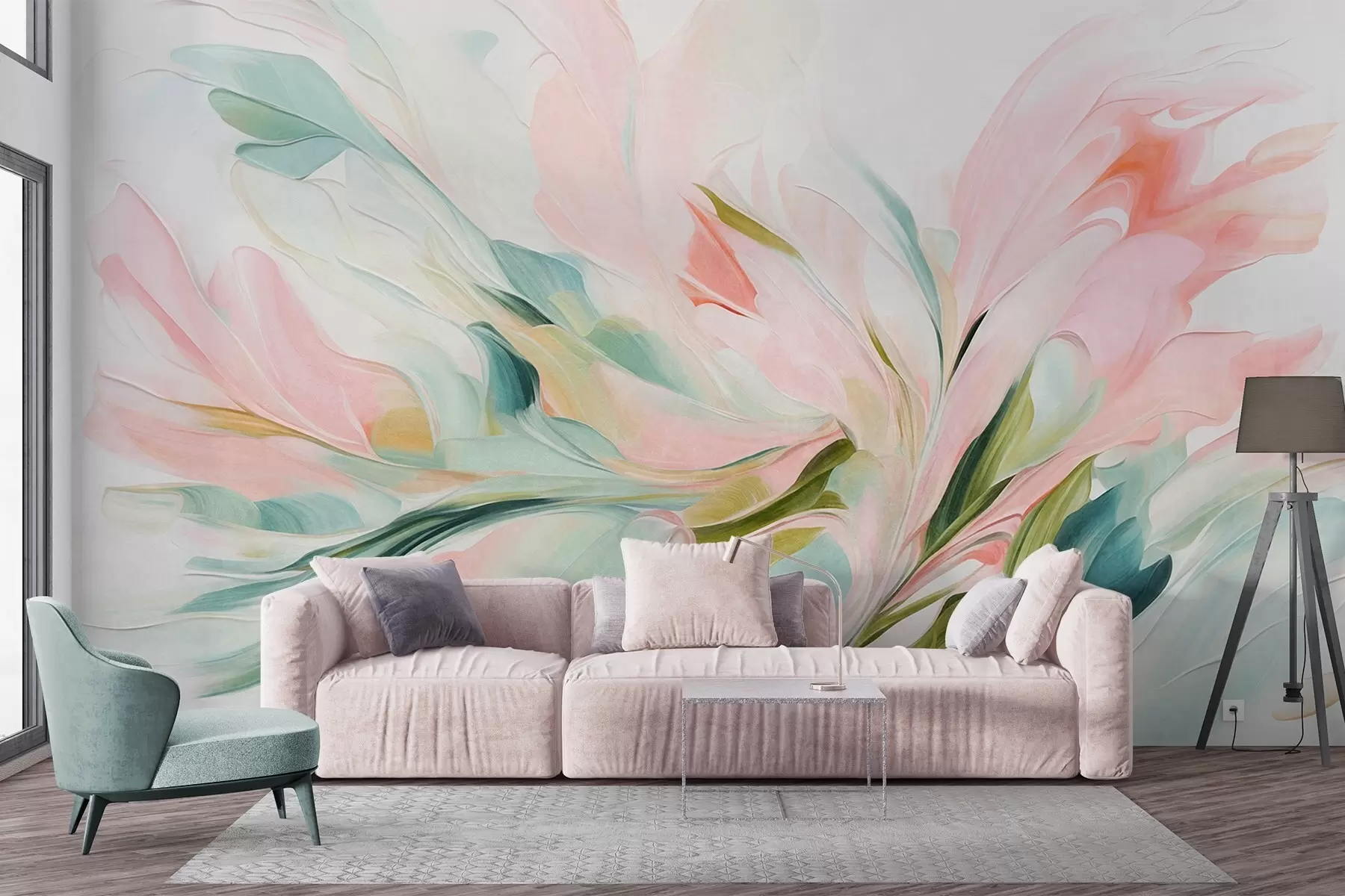 murais de parede Pintura floral abstrata com pinceladas suaves em tons pastéis sobre um fundo claro w09871