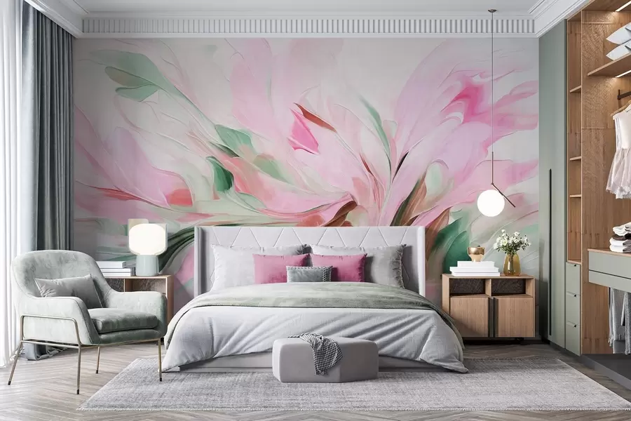 murais de parede Pintura floral abstrata com pinceladas suaves em tons pastéis sobre um fundo claro w09871v1