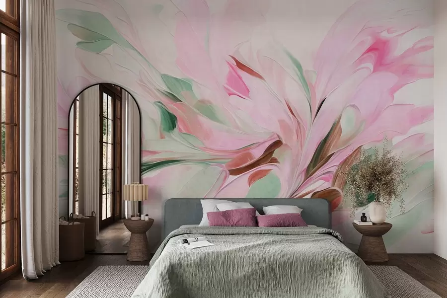 murais de parede Pintura floral abstrata com pinceladas suaves em tons pastéis sobre um fundo claro w09871v1