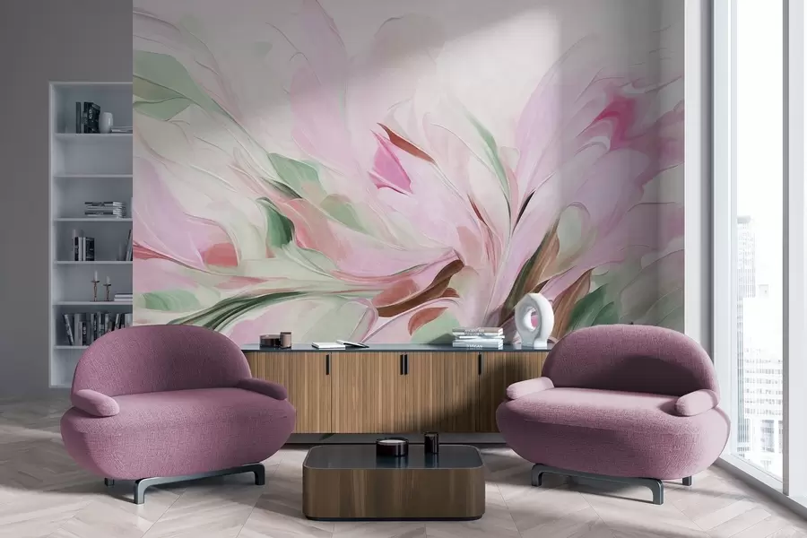 murais de parede Pintura floral abstrata com pinceladas suaves em tons pastéis sobre um fundo claro w09871v1