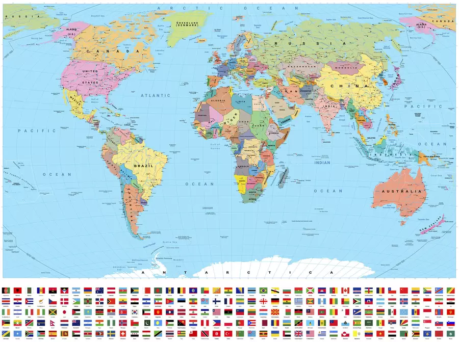 murais de parede Um mapa político do mundo colorido com bandeiras, em inglês c00004en
