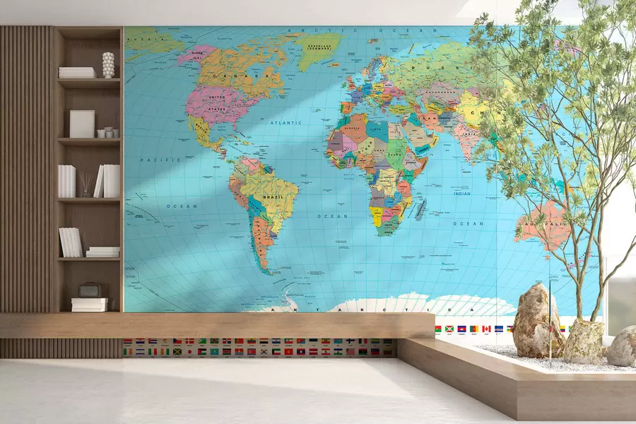 murais de parede Um mapa político do mundo colorido com bandeiras, em inglês c00004en