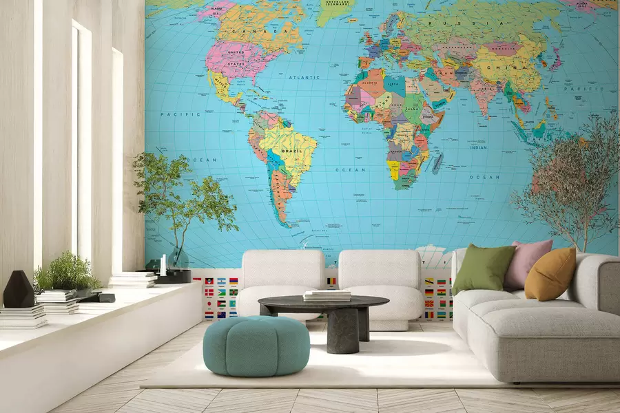 murais de parede Um mapa político do mundo colorido com bandeiras, em inglês c00004en