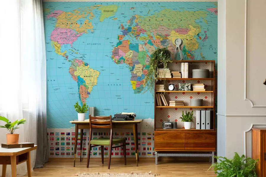 murais de parede Um mapa político do mundo colorido com bandeiras, em inglês c00004en